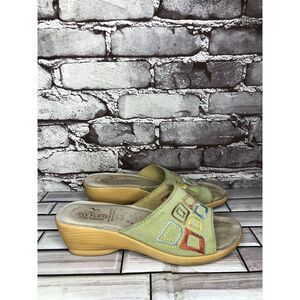Fly Flot Anatomic Green Suede Slip On Slides Wedge Sandals Women Sz 37EU/6.5M US